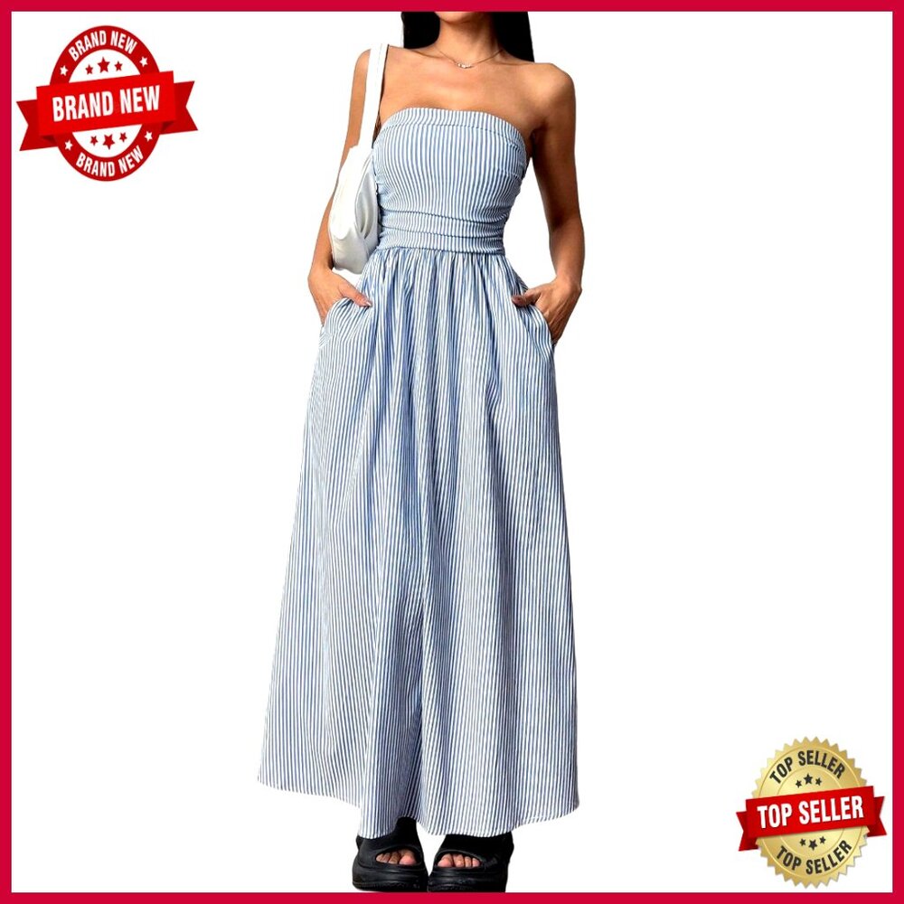 Strapless Smocked Back Maxi Dress With Pockets, Polyester A-Line